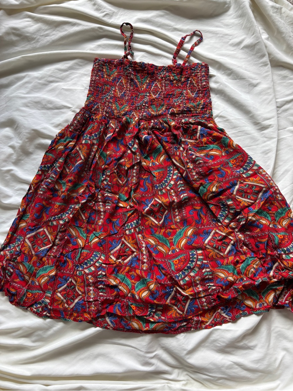 Red Printed Smocked One Piece Dress M